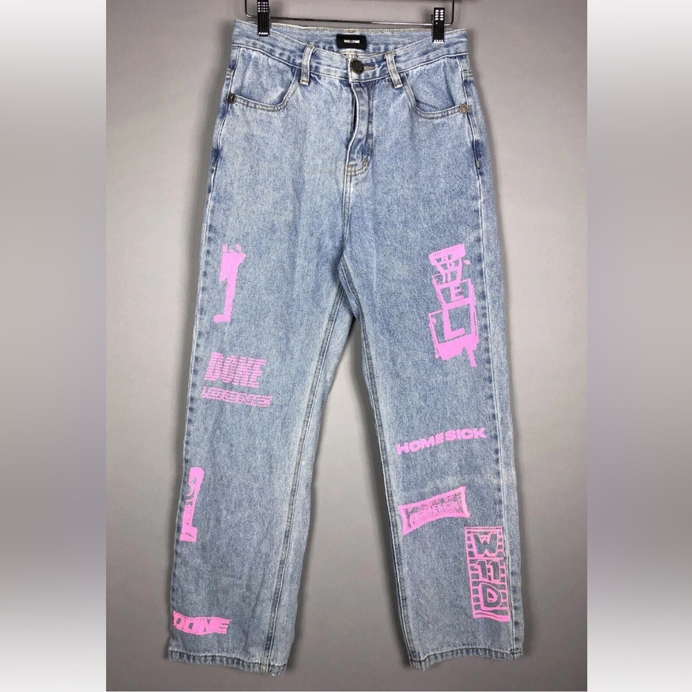 We11done Welldone Homesick Hand Painted High Rise Straight Jeans 26x28 Blue Pink